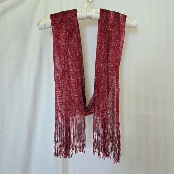Lightweight / Sheer Knit Deep Red Scarf With Silver - Picture 3 of 6